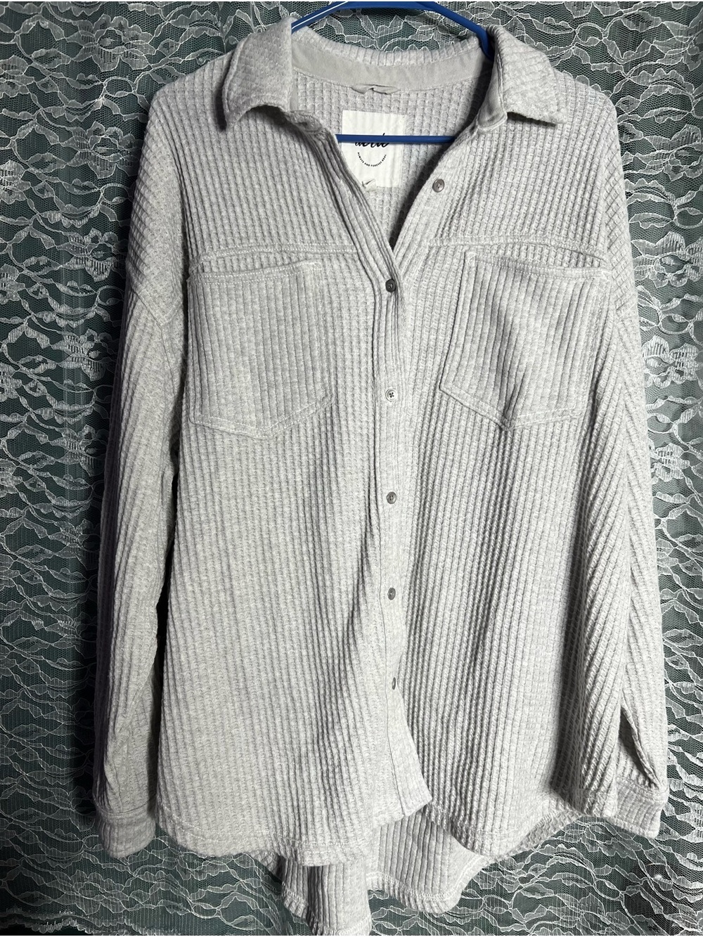 Aerie American Eagle Gray Waffle Knit Sweatshirt Button Down Long Sleeve Medium - Picture 2 of 6